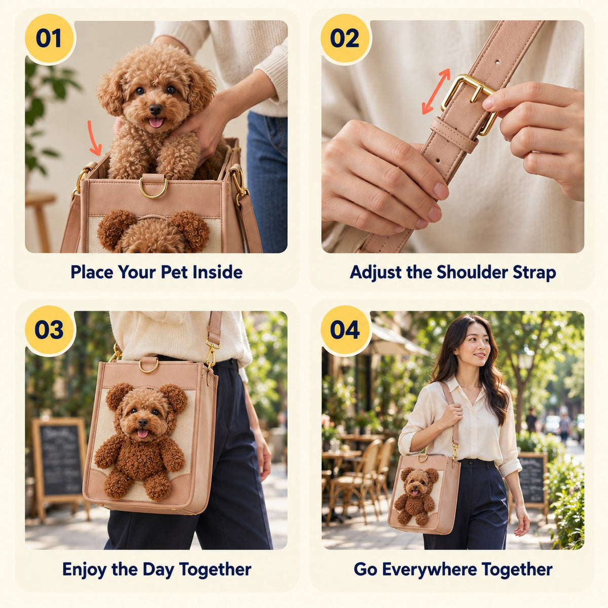 How TeddyGo works in 4 steps: place your pet, adjust strap, enjoy the day, go everywhere together